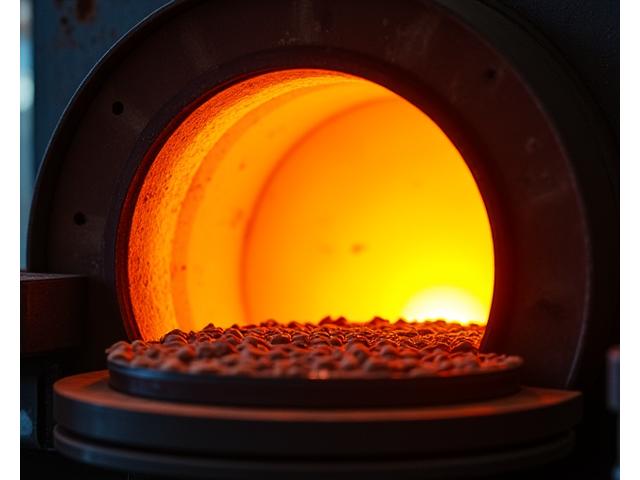 Glow of an open high-temperature industrial furnace, with ceramic crucibles visible inside, conveying intense heat and advanced processing capabilities.